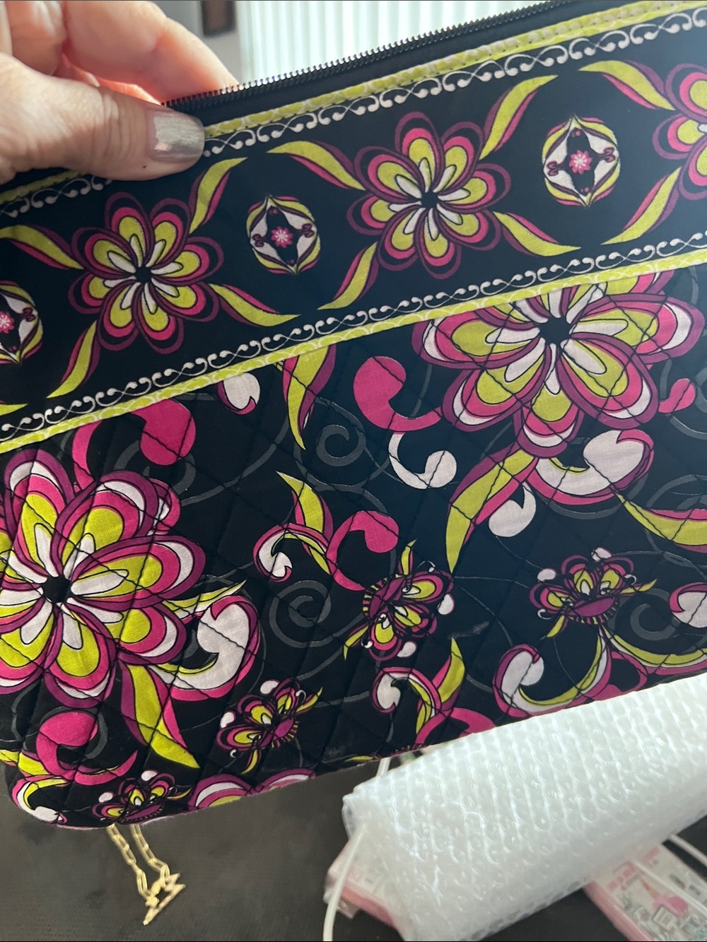 tanyalee Design Floral Quilted Cosmetic Pouch - Pink, Lime & Black